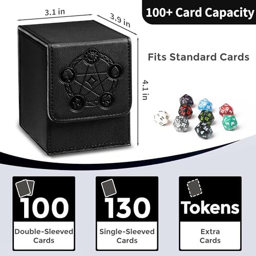 Card Deck Box with 2 Dividers, MTG Commander Deck Box Holds 100+ Double-Sleeved Cards, Leather Magnetic Deck Case Compatible with Magic TCG CCG Cards, Black - color: 2. Black 01, size: 100 Double-sleeved Cards Vertical