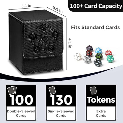 Card Deck Box with 2 Dividers, MTG Commander Deck Box Holds 100+ Double-Sleeved Cards, Leather Magnetic Deck Case Compatible with Magic TCG CCG Cards, Black - color: 2. Black 01, size: 100 Double-sleeved Cards Vertical