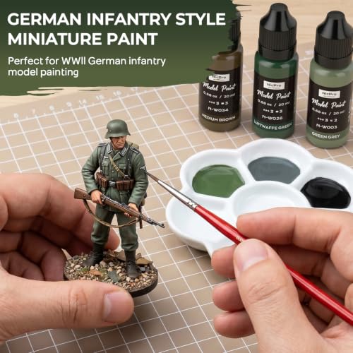 Nicpro 10 Colors WWII German Infantry Model Paint Set, 20ml Acrylic Military Figure Paints, Brush & Airbrush Miniature Paint Kit for Soldiers, Uniforms, Crews, Gear, Weapons & Dioramas with 1 Thinner - style: WWII German Infantry