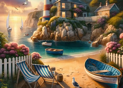 Rocorose 1000 Piece Puzzle for Adults, Lighthouse Coast Jigsaw Puzzles for Family, Beach Landscape Puzzles Sunrise Sunset for Game Night Fun Activity - color: Lighthouse Coast