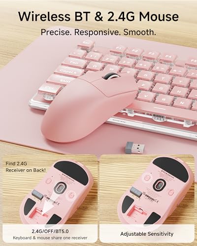 V3 Wireless Keyboard and Mouse Combo, Bluetooth/2.4G Rechargeable Light up Quiet Computer Wireless Keyboard and Mouse with White Backlit, Metal Panel-Pink - color: Upgraded Version - Pink