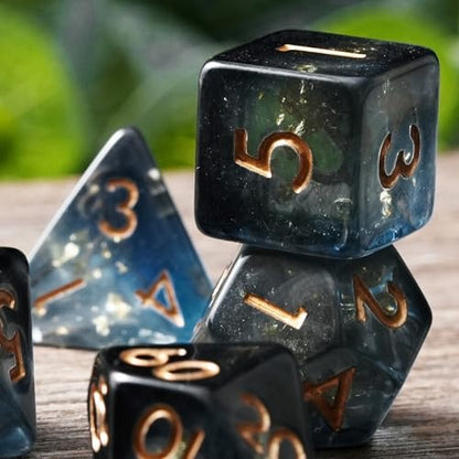 Midnight Abyss Resin Dice Set for DND – 7pc Polyhedral Set with Gold Foil – Stunning and Cool RPG Dice for Dungeons & Dragons, and Other TTRPGs – Unique Natural Distribution - color: Midnight Abyss