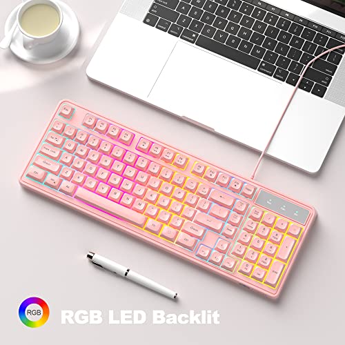 Camiysn Wire Gaming Keyboard, 7 Colorful Rainbow Backlight Classic Gaming Keyboard (Pink) - color: Pink