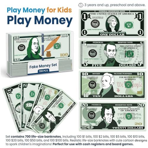 700Pcs Play Money Set for Kids – Educational Learning Bills for Teaching Math & Counting – Prop Fake Money Refill for Board Games & Cash Register Toy