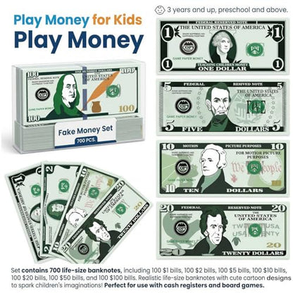 700Pcs Play Money Set for Kids – Educational Learning Bills for Teaching Math & Counting – Prop Fake Money Refill for Board Games & Cash Register Toy