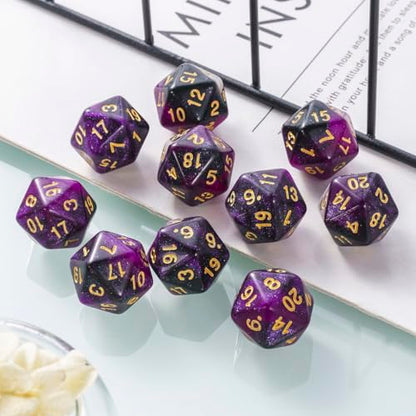 10 Pieces Polyhedral Dice Set D20 Dice 20mm Acrylic 20 Sided Game Dice for Dungeons and Dragons RPG MTG DND Dice Table Games (Starry Purple Black) - color: Starry Purple Black