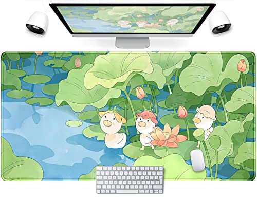 Green Cute Anime Desk Mat Kawaii Cartoon Ducks Gaming Mouse Pad XXL Large Anime Girl Gamer Mousepad Women Office Decor Desk Pad Aesthetic Lotus Leaf Laptop Keyboard Pad Computer Mat 31.5x15.75 in - color: C-blue Green Cartoon Ducks