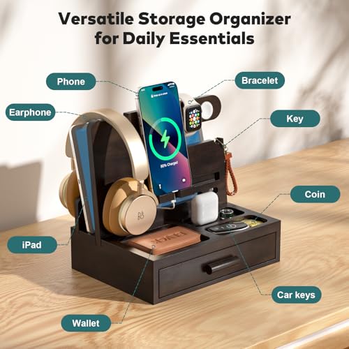 Sephyroth Rustic Wooden Phone Stand Organizer with Drawer Storage, Brown - color: Brown