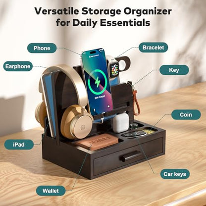 Sephyroth Rustic Wooden Phone Stand Organizer with Drawer Storage, Brown - color: Brown