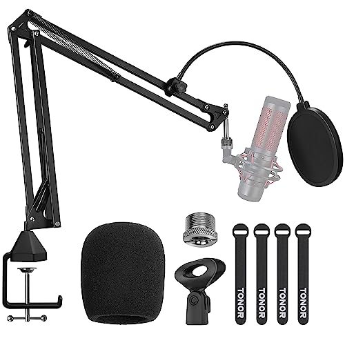 TONOR Microphone Arm Stand, Adjustable Suspension Boom Scissor Mic Stand with Pop Filter, 3/8" to 5/8" Adapter, Excellent Compatibility, Mic Clip, Upgraded Heavy Duty Clamp, 35 cm +35 cm, T20 - size: 13.8''+13.8''