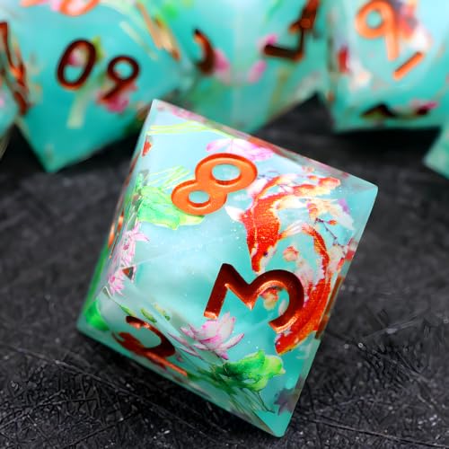 XENOLUX Polyhedral Resin DND Dice Set - Sharp Edge RPG Dice with Koi Fish and Lotus Inclusions, Cyan Tabletop Board Games Accessories in Tin Box for Dungeons and Dragons (L23) - color: L23