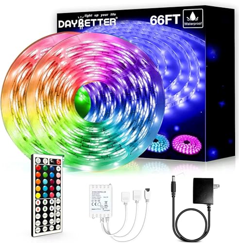 DAYBETTER Waterproof LED Light Strips 66ft, Outdoor LED Strip Lights Color Changing 5050 RGB LED Strip Lights with Remote Control, LED Lights for Indoor Outdoor Use, IP65 (2 Rolls of 33ft) - size: 66ft