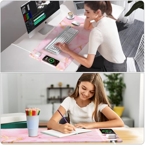 Pink Marble Mouse Pad with 15W Wireless Charging, 31.5"x15.8" in | Large Gaming Desk Pad/Mat for Women Girls, Waterproof Ultra-Smooth Surface, Non-Slip Base - color: Pink Marble-31.5"x15.8"