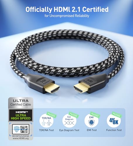Cable Matters [Ultra High Speed HDMI Certified] 8K HDMI Cable, 6.6ft | 8K@60Hz, 4K@240Hz, Braided, 48Gbps, 2m, HDR, Black, Compatible with PS5, Xbox Series X/S, Apple TV