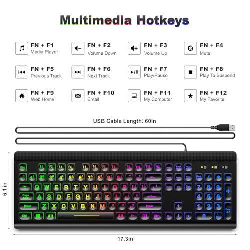 Atelus Large Print Backlit Keyboard, USB Wired Computer Keyboard, Full Size Keyboard with Rainbow Illuminated LED Compatible for Windows Desktop, Laptop, PC, Gaming, Black - color: Black-Rainbow Light