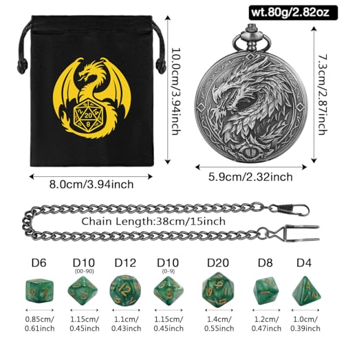 Mini DND Dice Set, 7-Piece Polyhedral Acrylic D&D Dice, with Steampunk Dragon Large Pocket Watch Case, DND Gift Bag with Dragon Logo, Role Play Board Game Accessories, Dark Silver + Green - color: Silver + Green