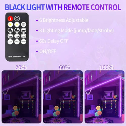 66 Foot Black Light Strip & Remote, 1200LEDs, Dimmable, 3 Lighting Modes | 12V Flexible Black Lights for Halloween, Glow Neon Party, Bedroom, Classroom, Fluorescent Decor Tapestry Poster, Indoor - size: 66FT