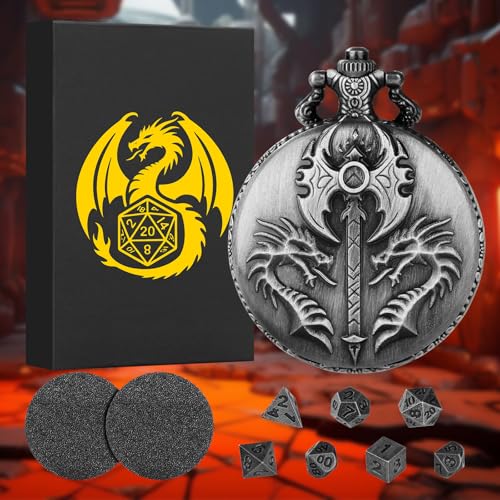 Mini DND Dice Set with Double Headed Dragon(Top Double-Sided Axe) Pocket Watch Case, 7-PCS Polyhedral Metal D&D Dice, DND Gifts with Gift Box, Role Playing Game Board Game Accessories Dice, Silver - color: Dark Silver