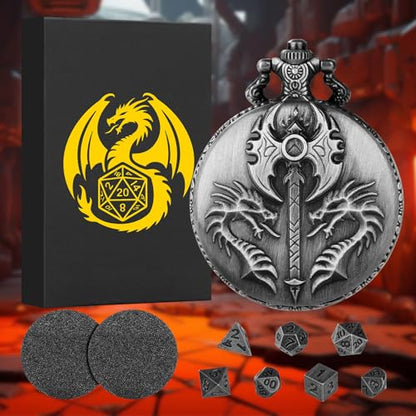 Mini DND Dice Set with Double Headed Dragon(Top Double-Sided Axe) Pocket Watch Case, 7-PCS Polyhedral Metal D&D Dice, DND Gifts with Gift Box, Role Playing Game Board Game Accessories Dice, Silver - color: Dark Silver