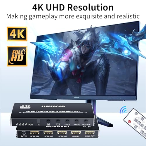 HDMI Multi-Viewer 4X1, Seamless Switcher 4 in 1 Out, Quad Multi Viewer Switcher with IR Remote, Supports 4K 30Hz, 5 Display Modes for Security Camera, Gaming Consoles