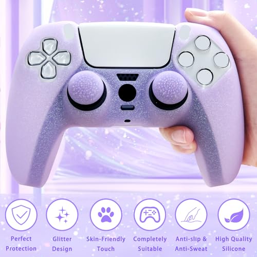 Purple Glitter Anti-Slip Protective Silicone Cover Skin Compatible with PS5/Slim/Pro Controller,8 PCS Glitter Thumb Grips Caps and 2 Grips Caps. - color: Purple