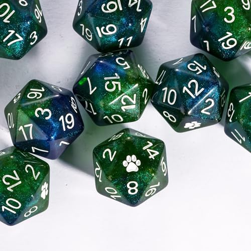 10 Pack Glitter D20 Dice, Set of 10, 20 Sided Dice Blue Mixed Green Nebula D20 Polyhedral Dice for DND RPG Tabletop Game - color: 10pcs D20 Blue Mixed Green