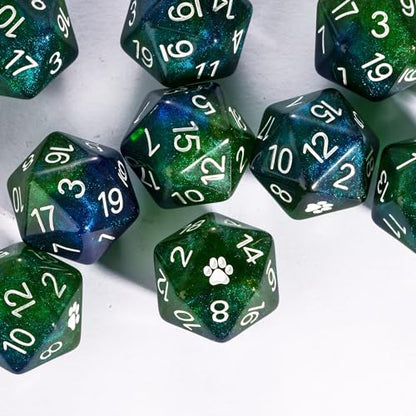10-Pack Green D20 Dice Glitter 20 Sided Dice for DND Tabletop Games | Leather Storage Bag, DM Gift, for Dungeons and Dragons Role Playing Games - color: 10pcs D20 Blue Mixed Green