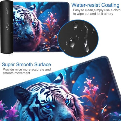 JVGFYNKL MTG Playmat + Drawstring Travel Pouch + 6 Dice Counter, for Tabletop Trading Card Game Playmats or Large Mouse Pad, Anti-Slip Rubber 24 x 14 in, Tiger Among Flowers TCG Playmat - color: JV-Playmat-1-F-161