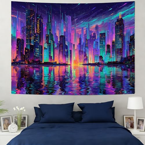 KKYEJLQYI Cyber City UV Reactive Tapestry, Black Light Neon Wall Tapestry, Luminous Space Tapestry, Bedroom, Living Room, Game Room Decoration Large Tapestry - color: City-2