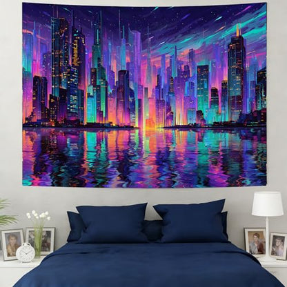 KKYEJLQYI Cyber City UV Reactive Tapestry, Black Light Neon Wall Tapestry, Luminous Space Tapestry, Bedroom, Living Room, Game Room Decoration Large Tapestry - color: City-2