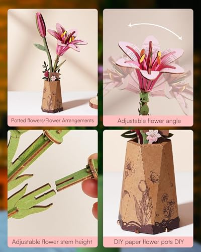 3D Flower Wooden Puzzles for Adults-Pink Lily, DIY Wooden Flowers Model Kit Building Set Crafts Birthday Gifts Women, Artificial Botanical Collection Creative Gift Ideas/Housewarming (73PCS) - style: TW - Pink Lily
