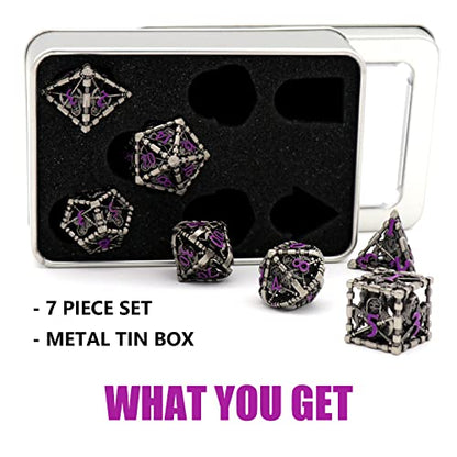DND Dice Set,Grim Reaper Design Hollow Metal 7-Die,Purple Numbers | copper construction,76g balanced weight,engraved numbers,gift box and velvet bag for DND RPG play - color: Grim Reaper Purple Number