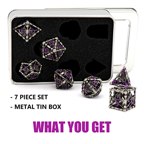 DND Dice Set,Grim Reaper Design Hollow Metal 7-Die,Purple Numbers | Lightweight copper dice,Easy-To-Read Engraved Numbers,a Gift Box and Velvet Bag for DND RPG Play - color: Grim Reaper Purple Number