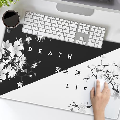 Black White Cherry Blossom Mouse Pad Large Japanese Sakura Death Life Desk Mat 60x35 cm Non-Slip Rubber Base Stitched Edge Large XL Playmat for Gaming Laptop Computer PC Desktop,24x14 Inch - color: Black White, size: 14" x 24"