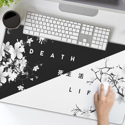 Black White Cherry Blossom Mouse Pad Large Japanese Sakura Death Life Desk Mat 60x35 cm Non-Slip Rubber Base Stitched Edge Large XL Playmat for Gaming Laptop Computer PC Desktop,24x14 Inch - color: Black White, size: 14" x 24"