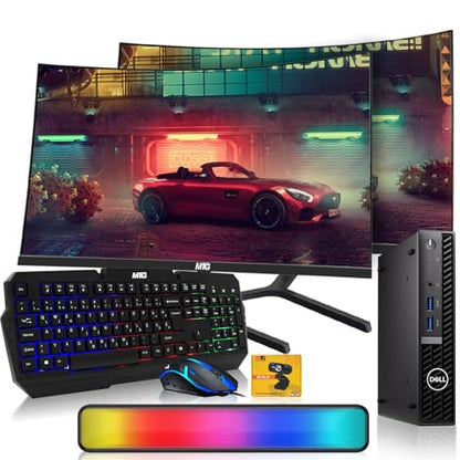 Dell Optiplex Tiny Mini Desktop PC, Intel Core i5, 16GB RAM, 512GB SSD with Dual 27 inch Curved Monitor, AI Enabled RGB Keyboard Mouse, RGB Soundbar and Webcam Windows 11 Pro (Renewed)