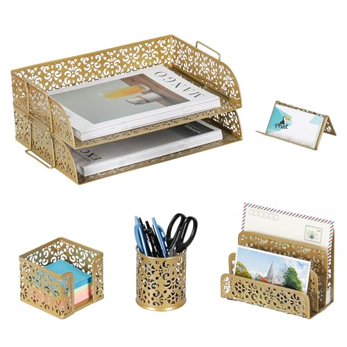 EasyPAG Desk Organizers and Accessories 5 Pieces Office Supplies Set - 2 Tier Paper Tray, Pencil Organizer for Desk, Mail Sorter Countertop, Business Card Holder and Sticky Note Holder, Gold - color: Gold