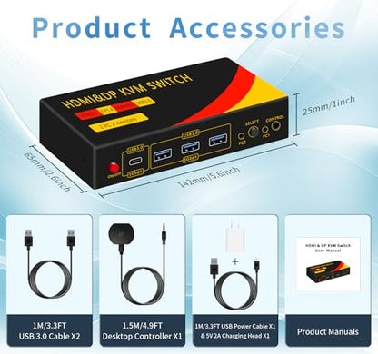 KVM Switch 2 Monitors 2 Computers with DP and HDMI | 8K@60HZ, USB3.0 with 1 USB C, DP and HDMI KVM Switches - size: 2 PC 2 Monitor-8K Red