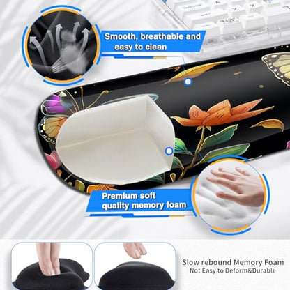 Large Gaming Mouse Pad+ Keyboard Wrist Rest Set, Ergonomics Memory Foam Mouse Mat Wrist Rest Support, Waterproof Extended Mousepad 31.5x11.8in, Colorful Butterflies and Flowers Desk Pad - color: Yvb-mousepad-9-f-170