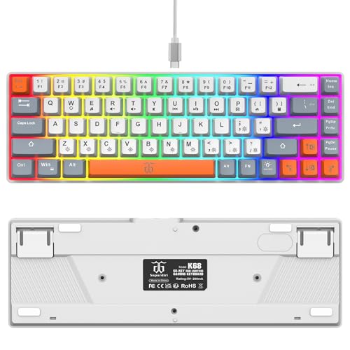Snpurdiri 60% Percent Gaming Keyboard (68 Keys, White-Grey-Orange) | Ergonomic Compact RGB Backlit Small Gaming Keyboard for Windows, PC, Laptop - color: White Grey Orange
