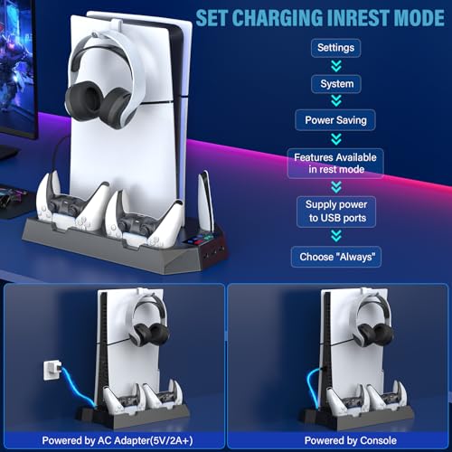 PS5 Slim Stand and Cooling Station with Controller Charging Station for Playsation 5 Slim&Standard Disc/Digital Console, PS5 Accessories Incl. Charger/Turbo Fan/3 USB Hub/Headset Holder - Black - color: WORK WITH PS5 Slim + PS5