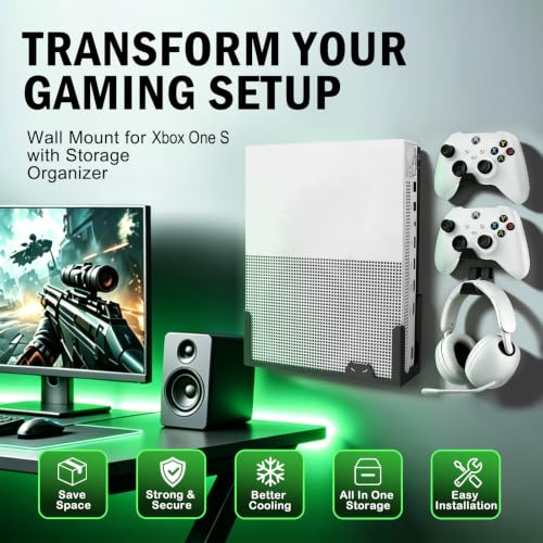 BracNova Wall Mount for Xbox One S with 2 Detachable Controller Holder and 1 Headphone Hook,Metal Stand for Xbox One S Accessories(Mounts Xbox 1S by TV)