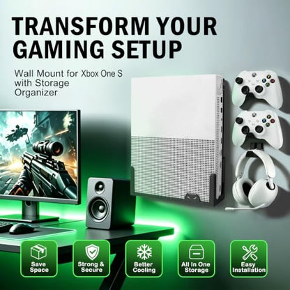BracNova Wall Mount for Xbox One S with 2 Detachable Controller Holder and 1 Headphone Hook,Metal Stand for Xbox One S Accessories(Mounts Xbox 1S by TV)