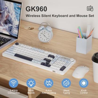 MageGee V990 Creamy Wireless Keyboard and Mouse Combo, 99 Keys RGB Backlit Rechargeable Quiet Gaming Keyboard, Adjustable Optical Mouse, with Number Pad, Keyboards Set for Desktop, Laptop, PC(Blue) - color: Blue