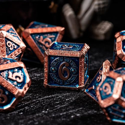 7-Piece Metal Dice Set - Mayan-Themed Zinc Alloy DND Dice for Tabletop Gaming, Gift, and Collecting - color: Mayan-themed-copper Blue