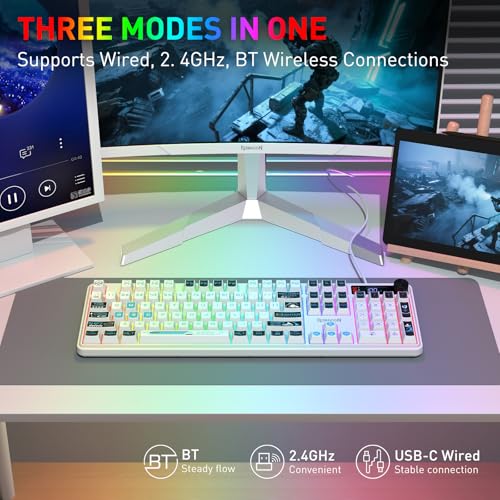 Redragon K526 PRO RGB Wireless Membrane Gaming Keyboard, 104 Keys Mechanical-Feel Keyboard w/LED Info Display, Media/Backlit Knob Control, Smooth Linear Switch & Software Supported - color: White