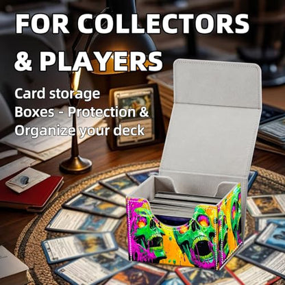 Trading Card Storage Box, Holds 100+ for MTG Cards, PU Leather with Magnetic Closure, Psychedelic Green Skulls with Slime Durable Deck Box for Magic the Gathering, Trading Card Games - color: Psychedelic Green Skulls with Slime
