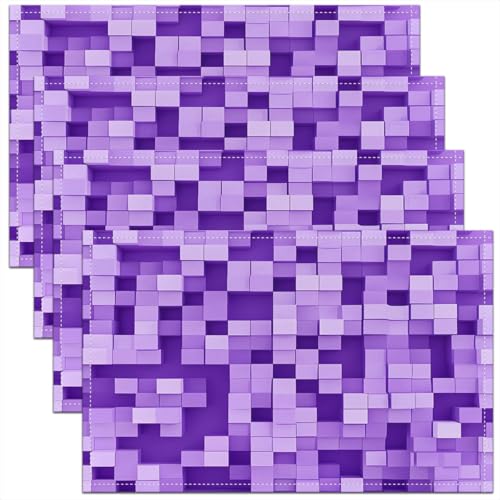 Pixel Grid Miners Kids Placemats Set of 4,Video Games Plaid Lattice Table Place Mats,Geometric Modern Check Kitchen Decor,Light Purple Placemat Kitchen Table Decoration 12"x18" - color: A-light Purple