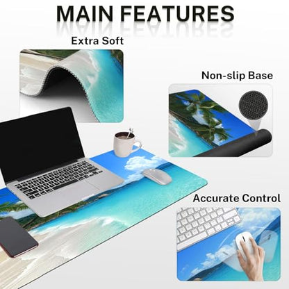 Arttown Tropical Sunshine Beach Desk Mat Summer Ocean Mouse Pad Set 4 in 1 Ergonomic Design Large Desk Pad + Keyboard Wrist Rest + Mouse Wrist Rest + Coaster Suitable for Home Office Study Game - color: Tropical Beach