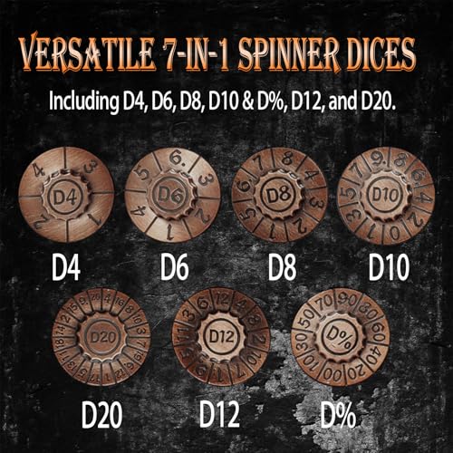 Metal DND Dice Set 7-in-1 D4-D20 3D Dragon Case Leather Bag Copper | 7 in 1 metal polyhedral dice. D4-D20 dnd spinner. 3D dragon case. Leather storage bag. Zinc alloy. DND RPG TTRPG gift. - color: Ancient Coper